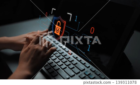 Close-up of Hands Typing on Keyboard with Digital Security Shield and Lock Icon Representing Cybersecurity and Data Protection Concept in Technology Gluon Close-up of Hands Typing on Keyboard with Digital Security Shield and Lock Icon Representing Cybersecurity and Data Protection Concept in Technology Gluon 139311078