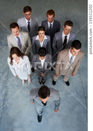 Top view, group of business people or leadership of man walking in office, staff cooperation or collaboration. Above, serious team and professional corporate employees, lawyers or solidarity together 139311202