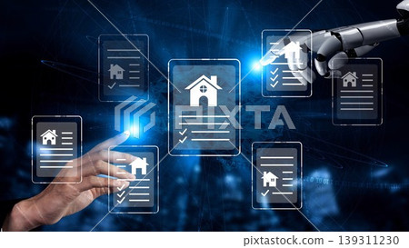 Futuristic Interaction Between Human Hand and Robotic Arm Over Digital Real Estate Documents with House Icons and Checkmarks in Cyber Space Gluon Futuristic Interaction Between Human Hand and Robotic Arm Over Digital Real Estate Documents with House Icons and Checkmarks in Cyber Space Gluon 139311230
