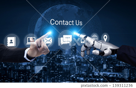 Human and Robot Collaboration for Communication, Technology Integration, Contact Us Interface with Futuristic City Background Gantry 139311236