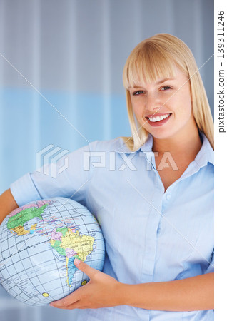 Portrait, smile and business woman with globe, earth day and map for corporate travel agent. Face, professional and planet world, environment conservation or future protection, ecology or geography Portrait, smile and business woman with globe, earth day and map for corporate travel agent. Face, professional and planet world, environment conservation or future protection, ecology or geography 139311246