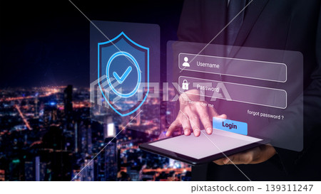 Person Using Tablet for Secure Login with Username and Password in a Modern Cityscape Background, Cybersecurity Concept, Technology and Safety Gantry 139311247