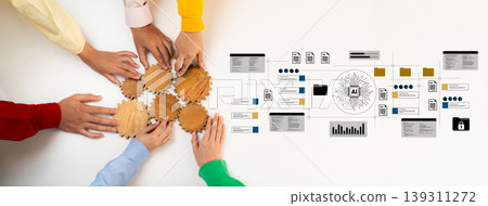 Collaborative Hands Over Wooden Gears with AI Graphics, Symbolizing Teamwork and Innovation in Technology and Business Strategy Development Gantry Collaborative Hands Over Wooden Gears with AI Graphics, Symbolizing Teamwork and Innovation in Technology and Business Strategy Development Gantry 139311272