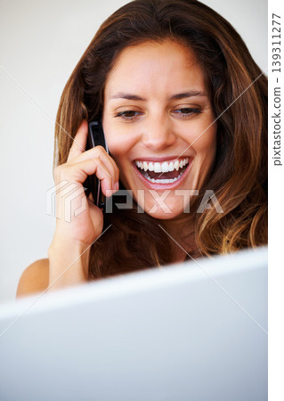 Laptop, phone call and young woman laughing at comic, funny or comedy joke in conversation at home. Smile, technology and person from Canada on mobile discussion with cellphone at modern house. Laptop, phone call and young woman laughing at comic, funny or comedy joke in conversation at home. Smile, technology and person from Canada on mobile discussion with cellphone at modern house. 139311277
