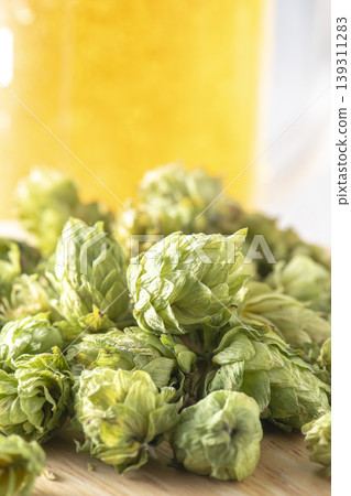 Dried hop cones spread out on a wooden stand. Hops are known as a brewing ingredient that gives beer its bitterness and aroma. Dried hop cones spread out on a wooden stand. Hops are known as a brewing ingredient that gives beer its bitterness and aroma. 139311283