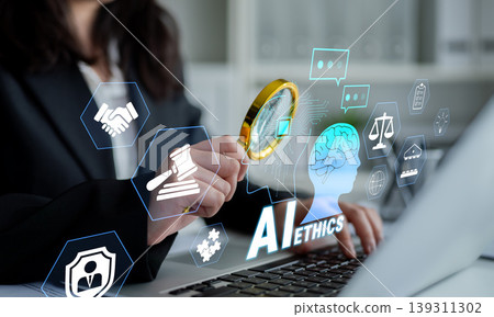 Business professional examining AI ethics with magnifying glass, digital icons representing fairness, law, and responsibility towards technology in modern workplace. Quark Business professional examining AI ethics with magnifying glass, digital icons representing fairness, law, and responsibility towards technology in modern workplace. Quark 139311302