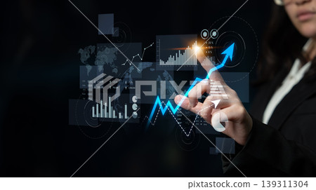 Business professional analyzing digital graphs and data visualizations, showing growth and trends in finance using futuristic technology interface Scalp Business professional analyzing digital graphs and data visualizations, showing growth and trends in finance using futuristic technology interface Scalp 139311304