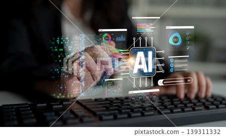 A captivating visual representation of artificial intelligence technology showcasing data analysis tools and digital interfaces in a modern workspace setting. Sigmoid 139311332