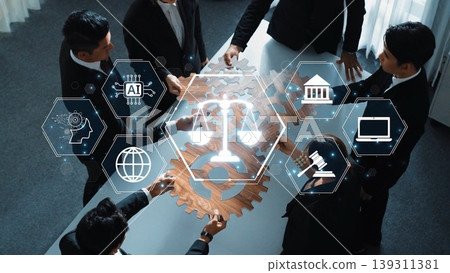 Team Collaboration in Business with Technology Illustration Featuring AI, Data Analysis, and Legal Concepts Surrounding a Gear and Scale Motif. Raster 139311381