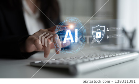 AI Cybersecurity Shield with Data Protection Icons and Circuit Lines. Corpus 139311391