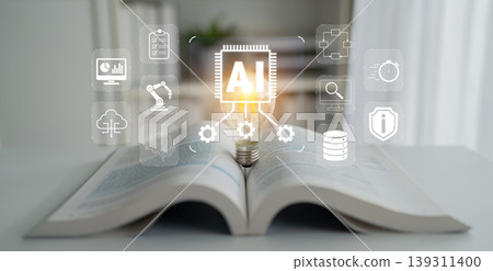Open Book Displaying Abstract Illustrations of Artificial Intelligence Concepts with Icons and Light Bulb Symbolizing Innovation and Technology in Education Quark Open Book Displaying Abstract Illustrations of Artificial Intelligence Concepts with Icons and Light Bulb Symbolizing Innovation and Technology in Education Quark 139311400