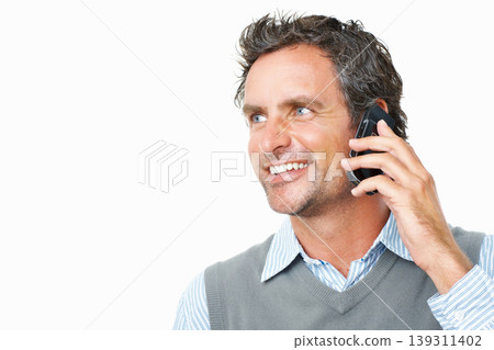 Smile, phone call and mature businessman in studio for corporate communication or discussion. Happy, technology and professional male person on mobile conversation with cellphone by white background. Smile, phone call and mature businessman in studio for corporate communication or discussion. Happy, technology and professional male person on mobile conversation with cellphone by white background. 139311402