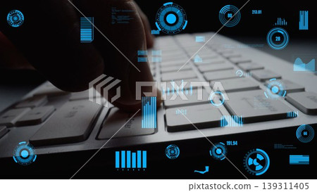 Close-Up of Hand Pressing Key on Modern Keyboard with Futuristic Data Visualization and Graphical Overlays in Dark Environment xenic Close-Up of Hand Pressing Key on Modern Keyboard with Futuristic Data Visualization and Graphical Overlays in Dark Environment xenic 139311405
