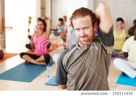 Portrait, stretching and relax, people in yoga class with man coaching, commitment and body wellness. Mindfulness, men and women in holistic club together with face, balance and fitness with pilates Portrait, stretching and relax, people in yoga class with man coaching, commitment and body wellness. Mindfulness, men and women in holistic club together with face, balance and fitness with pilates 139311430