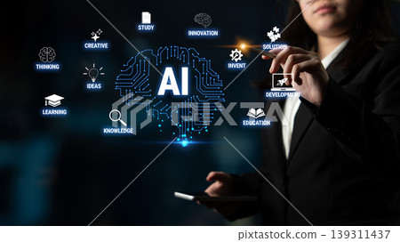 Business Professional Engaging with Artificial Intelligence Concepts on a Digital Screen with Icons Representing Learning and Innovation Quark Business Professional Engaging with Artificial Intelligence Concepts on a Digital Screen with Icons Representing Learning and Innovation Quark 139311437