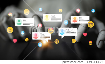 Digital interaction concept with social media icons and chat bubbles surrounding artificial hands and emojis representing communication and connection Ledger Digital interaction concept with social media icons and chat bubbles surrounding artificial hands and emojis representing communication and connection Ledger 139311439