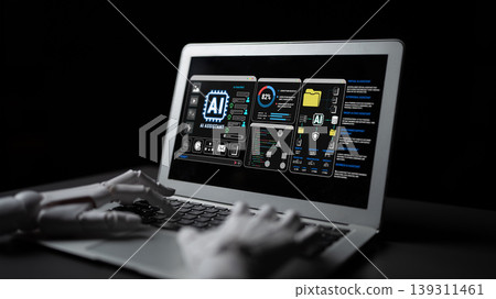 Futuristic Artificial Intelligence Interface Displayed on Laptop with Robotic Hand Interaction in Dark Environment Fluxor Futuristic Artificial Intelligence Interface Displayed on Laptop with Robotic Hand Interaction in Dark Environment Fluxor 139311461
