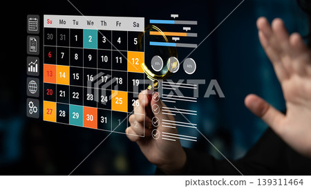 Modern Digital Calendar Interface with User Interaction for Event Planning and Scheduling, Touch Screen Technology, Virtual Organizer, Business Management Tool Gantry 139311464