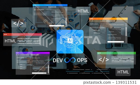 Aerial View of Business Team Collaborating on AI Development and Operations with Technology and Software Charts in Modern Office Environment Gluon 139311531