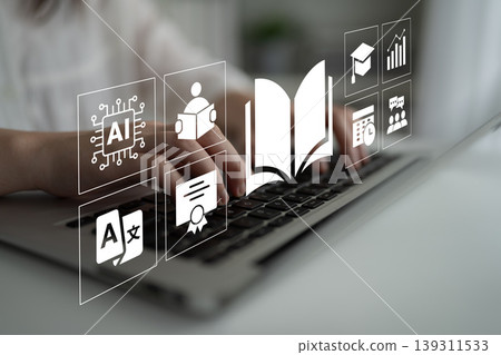 Hands Typing on Laptop with Educational Icons Representing Artificial Intelligence, Learning, and Digital Resources in a Modern Workspace Environment Ledger Hands Typing on Laptop with Educational Icons Representing Artificial Intelligence, Learning, and Digital Resources in a Modern Workspace Environment Ledger 139311533