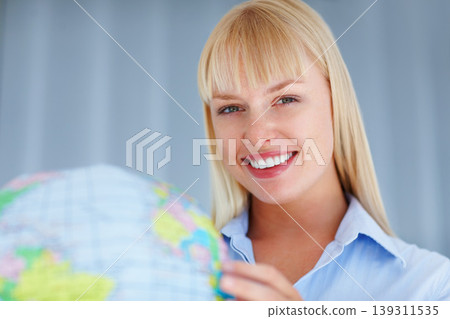 Portrait, smile and business woman with planet, earth day and map for corporate travel. Happy face, professional and globe world, environment conservation or future protection, ecology or geography Portrait, smile and business woman with planet, earth day and map for corporate travel. Happy face, professional and globe world, environment conservation or future protection, ecology or geography 139311535