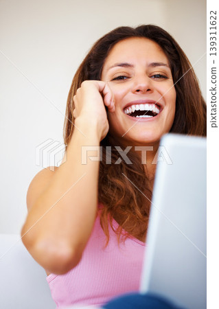 Happy, phone call and portrait of woman laughing at comic, funny or comedy joke in conversation at home. Smile, technology and person from Canada on mobile discussion with cellphone in modern house. 139311622
