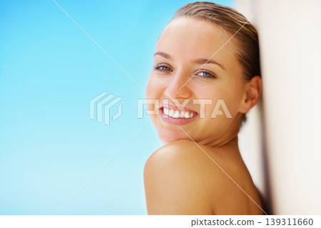Woman, wall and skincare with portrait, smile or results for promotion, blue sky background or nature. Girl, skin glow and change with cosmetics, wellness or transformation for mockup space outdoor Woman, wall and skincare with portrait, smile or results for promotion, blue sky background or nature. Girl, skin glow and change with cosmetics, wellness or transformation for mockup space outdoor 139311660
