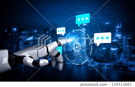 Futuristic Robot Hand Interacting with AI Interface in Modern Digital City with Chat Bubbles and High-Tech Elements Ledger 139311661