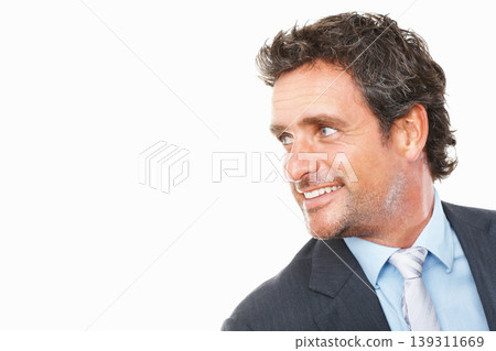 Business, man and thinking of space in studio for ideas, future questions and memory on white background. Face, happy and mature entrepreneur dream of decision, planning solution and choice of mockup Business, man and thinking of space in studio for ideas, future questions and memory on white background. Face, happy and mature entrepreneur dream of decision, planning solution and choice of mockup 139311669