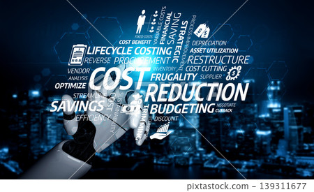 Future Technology Concept for Cost Reduction and Budgeting Strategies Illustrated with Robotic Hand and Digital Elements in Urban Skyline Background. Tessel Future Technology Concept for Cost Reduction and Budgeting Strategies Illustrated with Robotic Hand and Digital Elements in Urban Skyline Background. Tessel 139311677