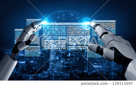Advanced robotic hands interacting with digital interface, futuristic city skyline in the background, showcasing technology and innovation in artificial intelligence Ledger Advanced robotic hands interacting with digital interface, futuristic city skyline in the background, showcasing technology and innovation in artificial intelligence Ledger 139311697
