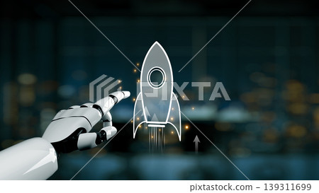 Futuristic Robot Hand Interacting with Abstract Rocket Icon in High-Tech Background for Innovation and Technology Themes Synapse Futuristic Robot Hand Interacting with Abstract Rocket Icon in High-Tech Background for Innovation and Technology Themes Synapse 139311699