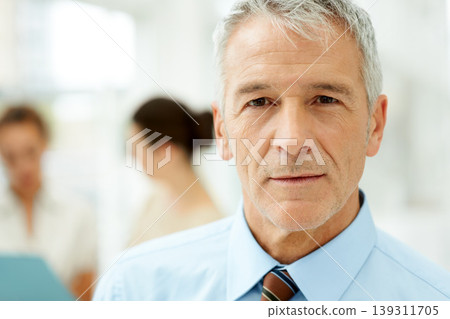 Serious, confident and portrait of mature businessman in the office with ambition and vision. Corporate, professional and male attorney from Canada with legal law career in modern workplace. 139311705