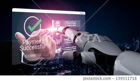 Concept of Digital Payment System with Robotic Hand Confirming Transaction on Screen in Futuristic Environment with Neon Lights and City Background Ledger Concept of Digital Payment System with Robotic Hand Confirming Transaction on Screen in Futuristic Environment with Neon Lights and City Background Ledger 139311718