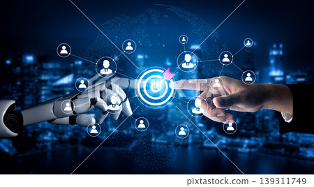 Human and Robot Interaction Concept with Digital Target Symbol Representing Collaboration and Connection in Technology Landscape Ledger 139311749