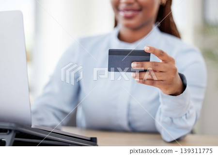 Woman, hand and credit card by laptop, office and typing with click, easy payment and online shopping. Employee, person or girl with banking, computer and e commerce with finance, choice or budget Woman, hand and credit card by laptop, office and typing with click, easy payment and online shopping. Employee, person or girl with banking, computer and e commerce with finance, choice or budget 139311775