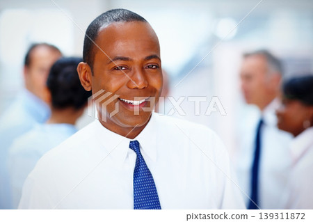Office, meeting and portrait of business man with team for collaboration, leadership and management. Corporate worker, company and face of happy manager for professional career, job and opportunity 139311872