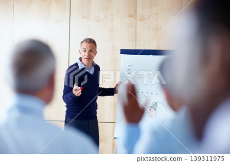 Business people, seminar and man with presentation, finance and coaching with training, audience and investment. Staff, manager and employee with feedback, graphs and budget with meeting or workshop Business people, seminar and man with presentation, finance and coaching with training, audience and investment. Staff, manager and employee with feedback, graphs and budget with meeting or workshop 139311975