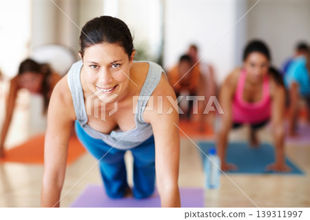Fitness, yoga and portrait of personal trainer with class for stretching, exercise and workout on mat. Pilates, club and instructor with men and women push up for wellness, balance and healthy body Fitness, yoga and portrait of personal trainer with class for stretching, exercise and workout on mat. Pilates, club and instructor with men and women push up for wellness, balance and healthy body 139311997
