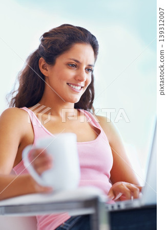 Woman, smile and coffee with laptop with reading digital blog and relax wellness in chair in home. Young person, happy and computer with espresso for online subscription and technology in apartment Woman, smile and coffee with laptop with reading digital blog and relax wellness in chair in home. Young person, happy and computer with espresso for online subscription and technology in apartment 139312007