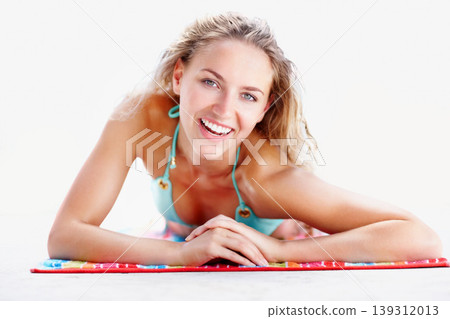 Relax, smile and bikini with portrait of woman on towel for swimming, summer and travel vacation. Tropical, happy and holiday with face of person and sunbathing for outdoor peace and swimwear Relax, smile and bikini with portrait of woman on towel for swimming, summer and travel vacation. Tropical, happy and holiday with face of person and sunbathing for outdoor peace and swimwear 139312013