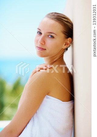 Woman, spa and outdoor with skincare, health or hands with face for results with blue sky background. Girl, touch skin and facial change in portrait, beauty and transformation for wellness in nature Woman, spa and outdoor with skincare, health or hands with face for results with blue sky background. Girl, touch skin and facial change in portrait, beauty and transformation for wellness in nature 139312031