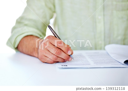 Writing, hands and business with man, contract and professional with information, paperwork and signing. Person, employee and consultant with documents, office and agreement with b2b deal and closeup Writing, hands and business with man, contract and professional with information, paperwork and signing. Person, employee and consultant with documents, office and agreement with b2b deal and closeup 139312118