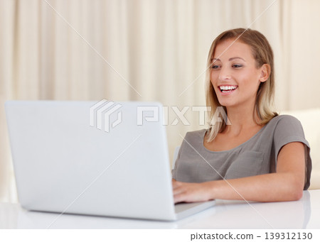Woman, laptop and happy for remote work from home, ideas and thinking with freelance copywriting job. Girl, computer and entrepreneur with planning, schedule and brainstorming with reading in house Woman, laptop and happy for remote work from home, ideas and thinking with freelance copywriting job. Girl, computer and entrepreneur with planning, schedule and brainstorming with reading in house 139312130
