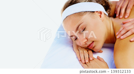 Spa, sleep and woman with back massage for wellness and health in a salon. Resort, masseuse table and calm female person with zen and treatment for beauty and body stress relief with white background Spa, sleep and woman with back massage for wellness and health in a salon. Resort, masseuse table and calm female person with zen and treatment for beauty and body stress relief with white background 139312133