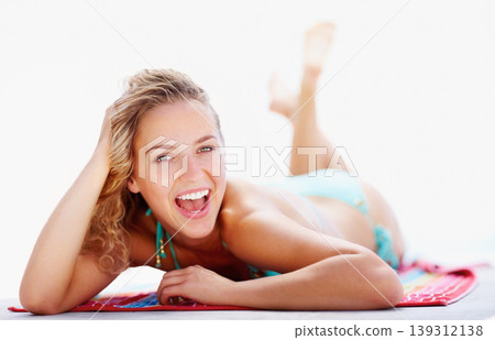 Summer, travel and sunbathing with portrait of woman on towel for swimming, relax and vacation. Tropical, happy and holiday with face of person and bikini for outdoor, peace and swimwear mockup Summer, travel and sunbathing with portrait of woman on towel for swimming, relax and vacation. Tropical, happy and holiday with face of person and bikini for outdoor, peace and swimwear mockup 139312138