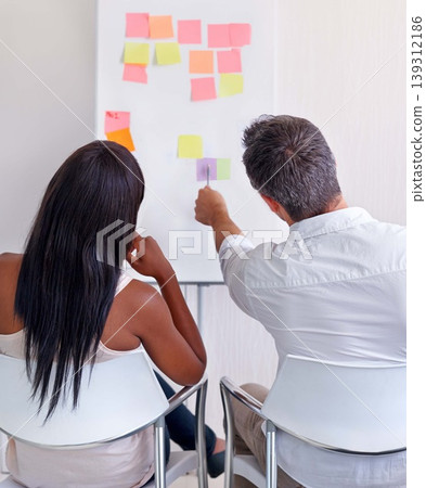 People, pointing and whiteboard for sticky notes in office with back view for brainstorming, planning or collaboration. Creative, writer or team with idea of magazine, article or design with pictures People, pointing and whiteboard for sticky notes in office with back view for brainstorming, planning or collaboration. Creative, writer or team with idea of magazine, article or design with pictures 139312186