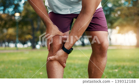 Hands, knee pain and sore at park, fitness and athlete with sprain after exercise or muscle tension. Outdoor, training accident and person with workout injury in nature, inflammation and leg fracture Hands, knee pain and sore at park, fitness and athlete with sprain after exercise or muscle tension. Outdoor, training accident and person with workout injury in nature, inflammation and leg fracture 139312188