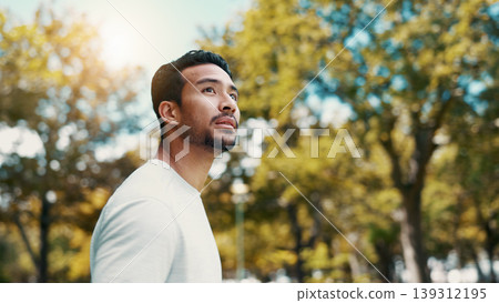 Runner, man and thinking of fitness at park, serious and rest after workout and training in morning. Outdoor, athlete and person in nature post exercise, space and cool down on break and low angle Runner, man and thinking of fitness at park, serious and rest after workout and training in morning. Outdoor, athlete and person in nature post exercise, space and cool down on break and low angle 139312195
