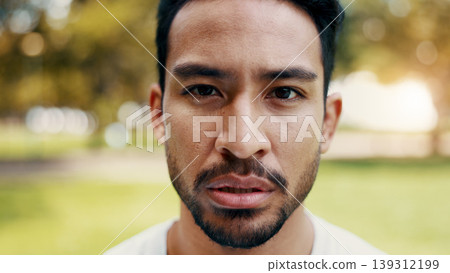 Man, tired and portrait for fitness at park on break, serious or exhausted with sweat in summer. Person, runner and outdoor with bokeh in nature for exercise, cardio challenge or wellness in Cambodia 139312199